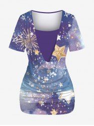 Plus Size Ombre Colorblock Galaxy Stars Sparkling Sequin Glitter 3D Print Ruched Plunge Neckline 2 In 1 T-shirt -  