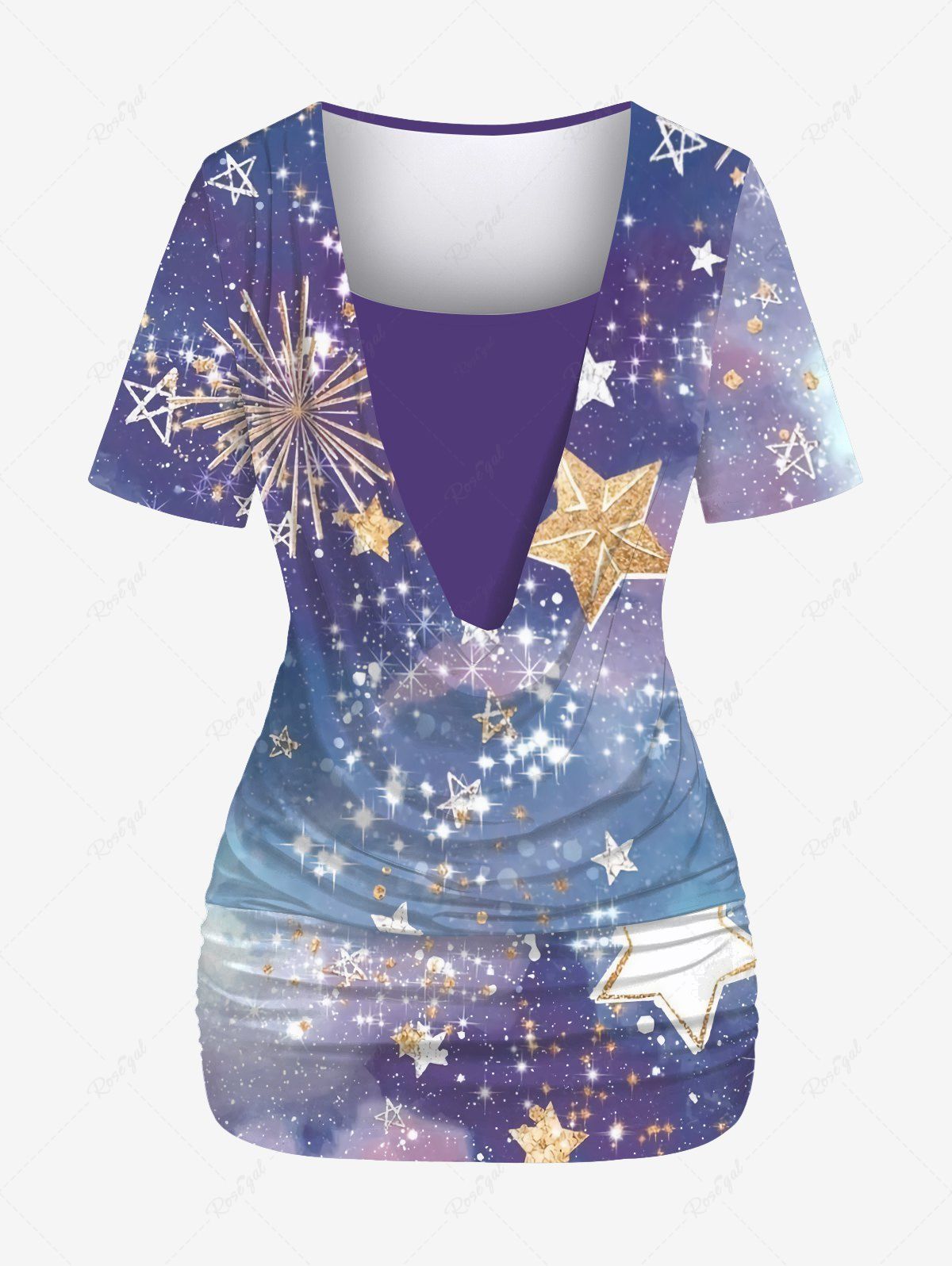Unique Plus Size Ombre Colorblock Galaxy Stars Sparkling Sequin Glitter 3D Print Ruched Plunge Neckline 2 In 1 T-shirt  