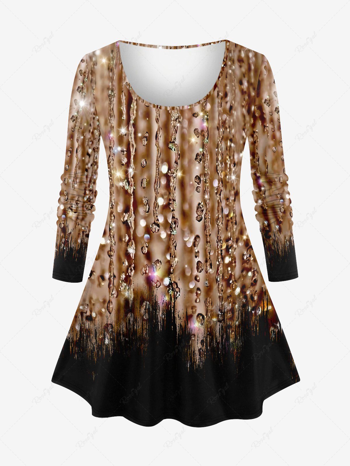 Online Plus Size Glitter Sparkling Sequins Water Drop Print Ombre Long Sleeves T-shirt  