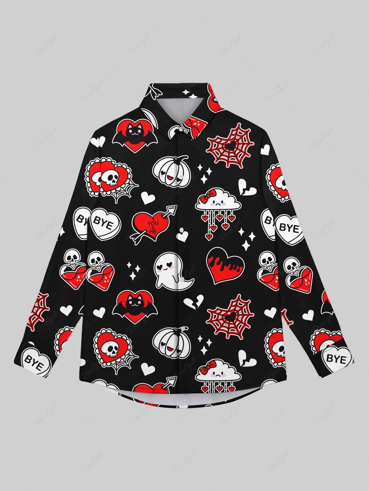 Trendy Gothic Valentine's Day Skulls Ghost Heart Cloud Star Bat Pumpkin Print Button Down Shirt For Men  