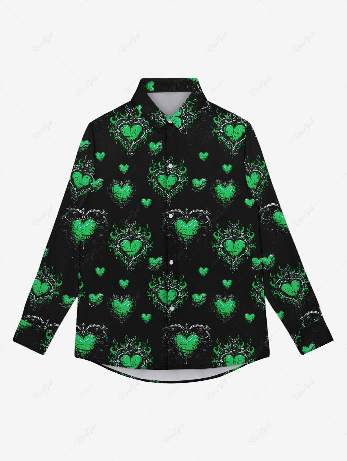 Trendy Gothic Heart Leaf Print Button Down Shirt For Men  