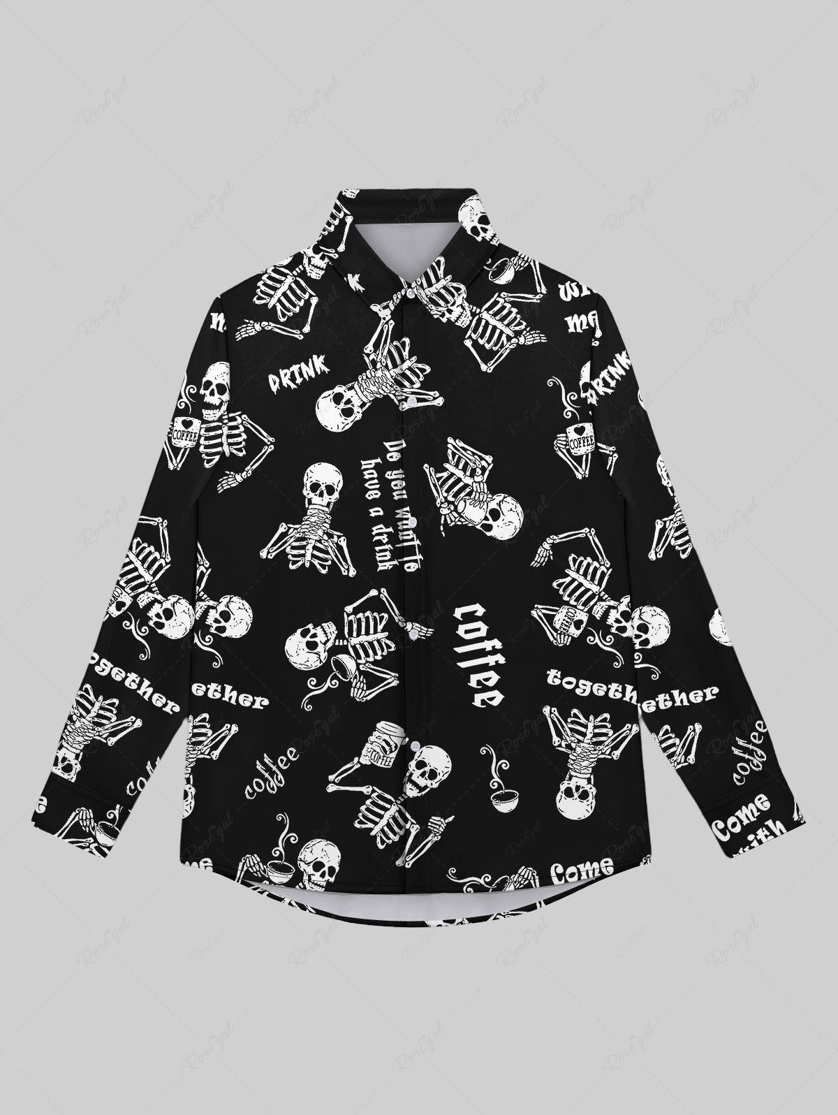 Outfits Gothic Skulls Skeleton Drinking Print Button Down Shirt For Men  