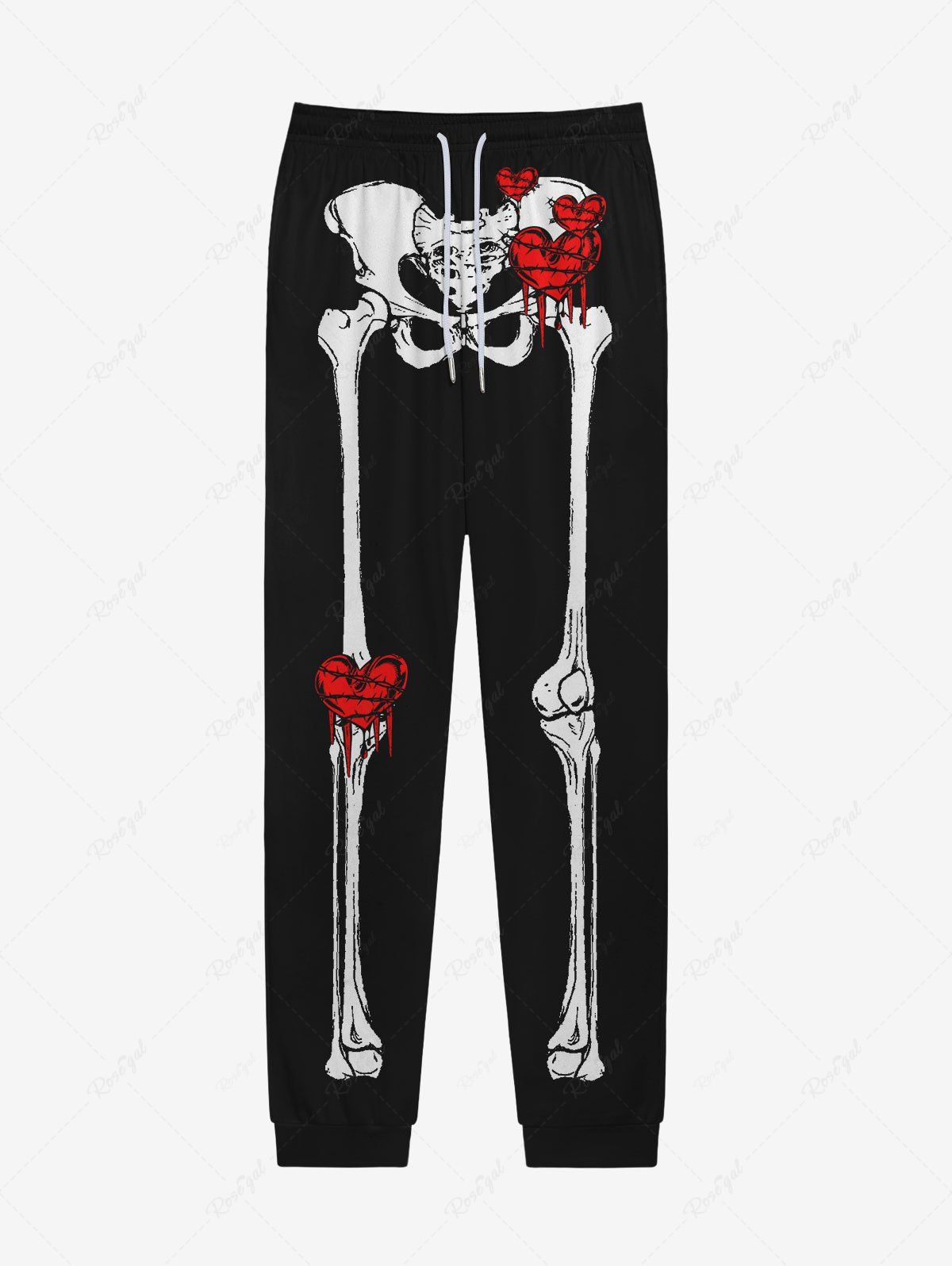Discount Gothic Skeleton Ripped Heart Print Drawstring Jogger Pants For Men  