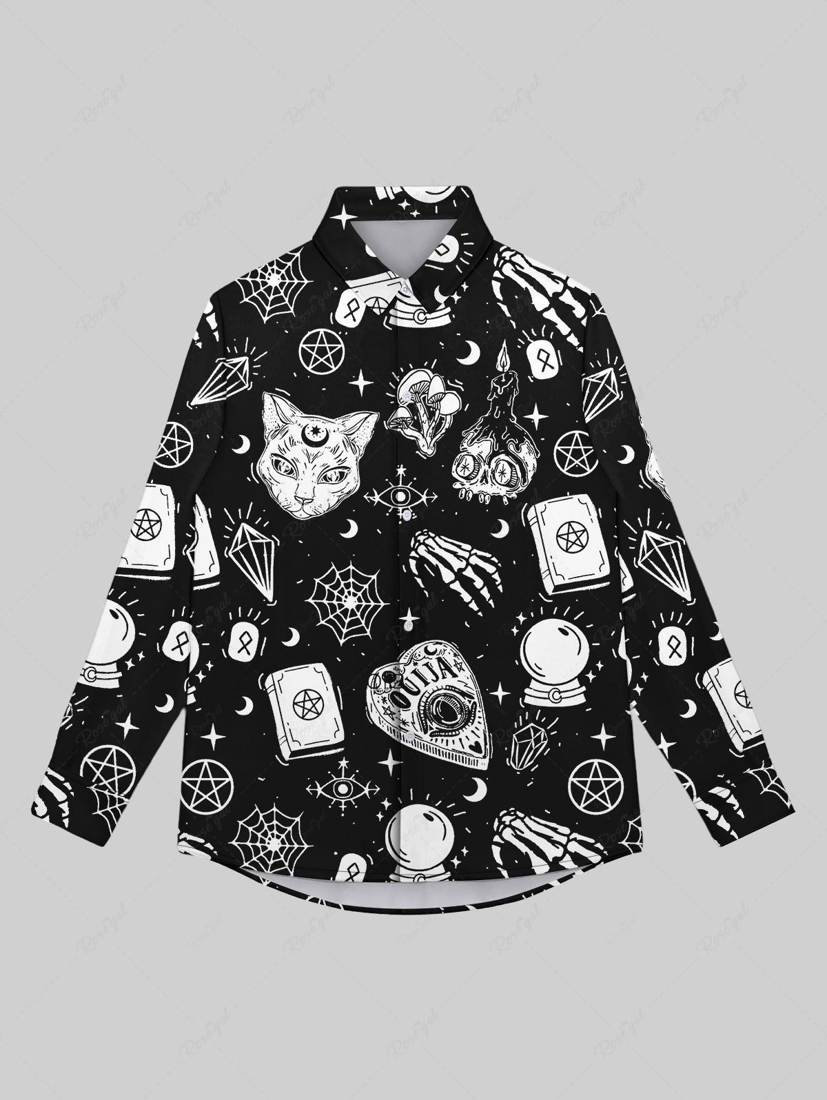 Fancy Gothic Galaxy Moon Star Spider Web Skulls Candle Flame Cat Print Button Down Shirt For Men  