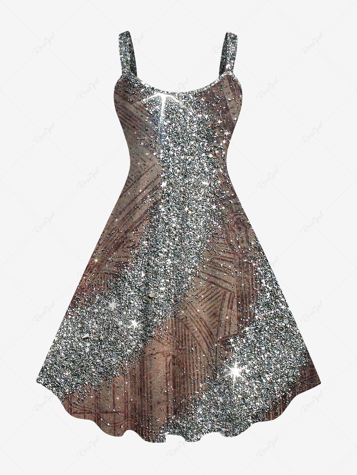 Chic Plus Size 3D Glitter Sparkling Sequins Textured Distressed Newspapaer Print A Line Party Dress  