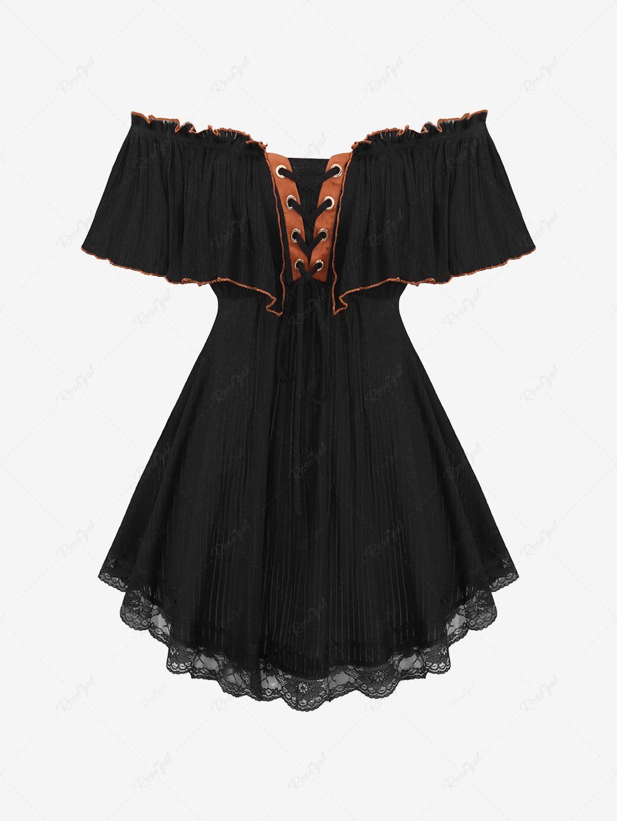 Online Plus Size Off The Shoulder Lace Up Textured Lace-trim Ruffles Panel Short Sleeve Top  