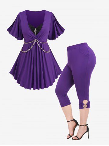 Butterfly Sleeves Chains T-shirt and Pocket Capri Pants Plus Size Summer Outfit - PURPLE