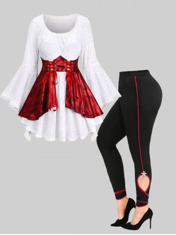 Flare Sleeves Glitter PU Grinding Panel Lace Up Ruched Velvet T-shirt and Side Cut Out Pentagram Tassel Pockets Skinny Leggings Plus Size Outfit