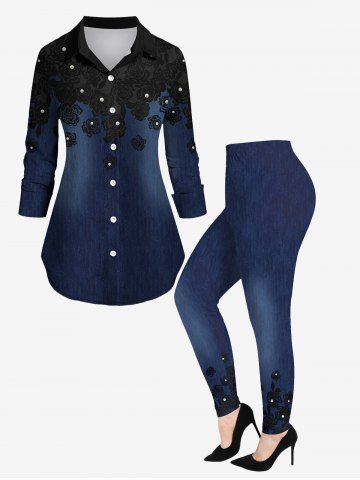 Floral Appliques Crystal Denim 3D Printed Button Down Shirt and Leggings Plus Size Matching Set - DEEP BLUE