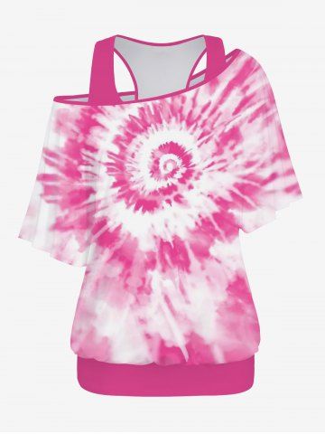 Plus Size Racerback Tank Top and Spiral Tie Dye Print Batwing Sleeve T-shirt - LIGHT PINK - 1X