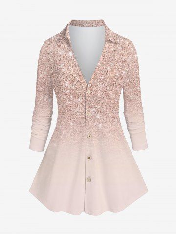Plus Size Sparkling Sequin Glitter 3D Print Button Down Shirt - APRICOT - 2X