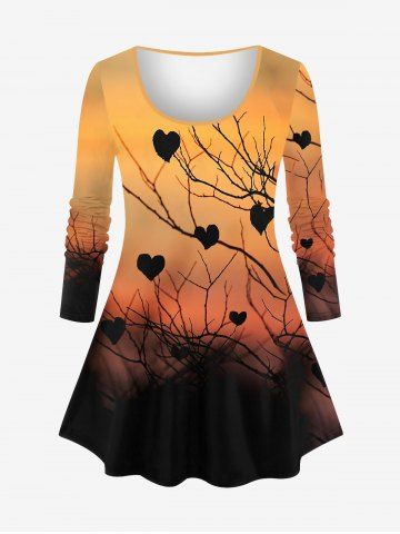 Plus Size Tree Branch Heart Print Valentines Ombre Long Sleeves T-shirt - COFFEE - XS