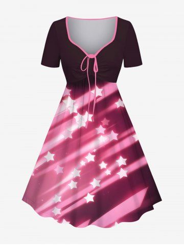 Plus Size Glitter Shooting Stars Print Cinched Ombre A Line Dress - LIGHT PINK - S