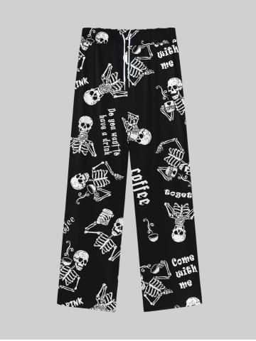 Gothic Skull Skeleton Drink Print Wide Leg Drawstring Sweatpants For Men - BLACK - 7XL