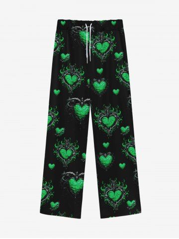 Gothic Valentine's Day Heart Plant Print Wide Leg Drawstring Sweatpants For Men - BLACK - XL