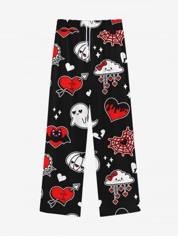 Gothic Valentine's Day Arrow Heart Spider Web Cloud Pumpkin Print Wide Leg Drawstring Sweatpants For Men - BLACK - L