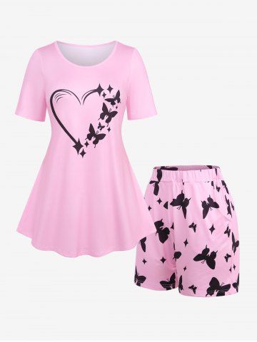 Plus Size Butterfly Heart Stars Print Shorts Pajama Set - LIGHT PINK - M | US 10