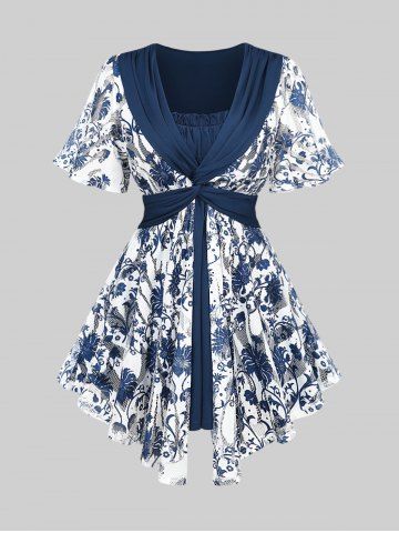 Plus Size Crochet Blue And White Porcelain Floral Print Pleated Twist Ruched 2 In 1 Top