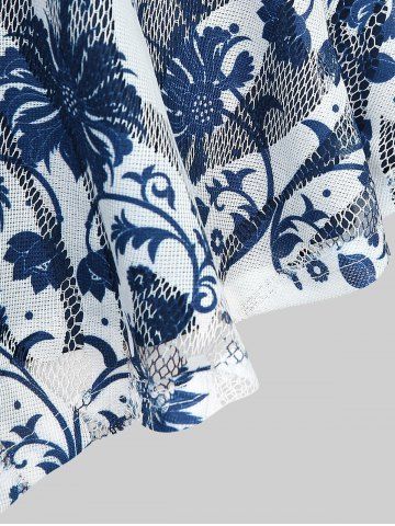 Plus Size Crochet Blue And White Porcelain Floral Print Pleated Twist Ruched 2 In 1 Top