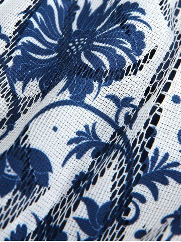 Plus Size Crochet Blue And White Porcelain Floral Print Pleated Twist Ruched 2 In 1 Top