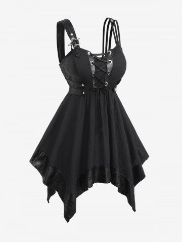 Plus Size Grommets Lace Up PU Leather Patchwork Asymmetrical Tank Top