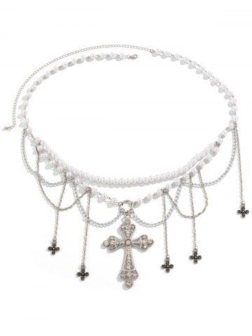 Gothic Fashion Glitter Cross Faux Pearl Chain Tassel Belly Chain