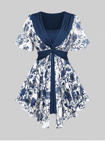 Plus Size Crochet Blue And White Porcelain Floral Print Pleated Twist Ruched 2 In 1 Top - BLUE - 5X | US 30-32