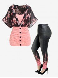 Floral Print Ruched Twofer Tee and Pockets Leggings Plus Size Summer Outfit -  