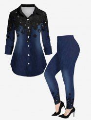 Floral Appliques Crystal Denim 3D Printed Button Down Shirt and Leggings Plus Size Matching Set -  