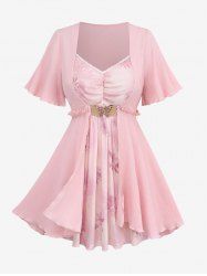 Haut Fleuri Papillon Bouclé en Dentelle à Ourlet en Maille de Grande Taille à Volants - Rose clair M | US 10