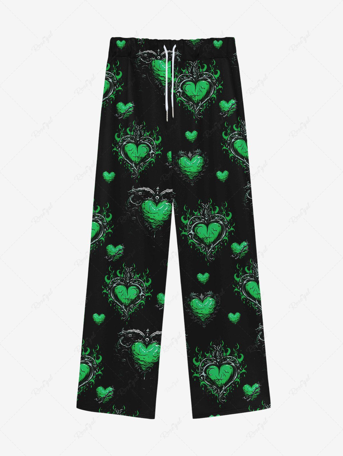Discount Gothic Valentine's Day Heart Plant Print Wide Leg Drawstring Sweatpants For Men  