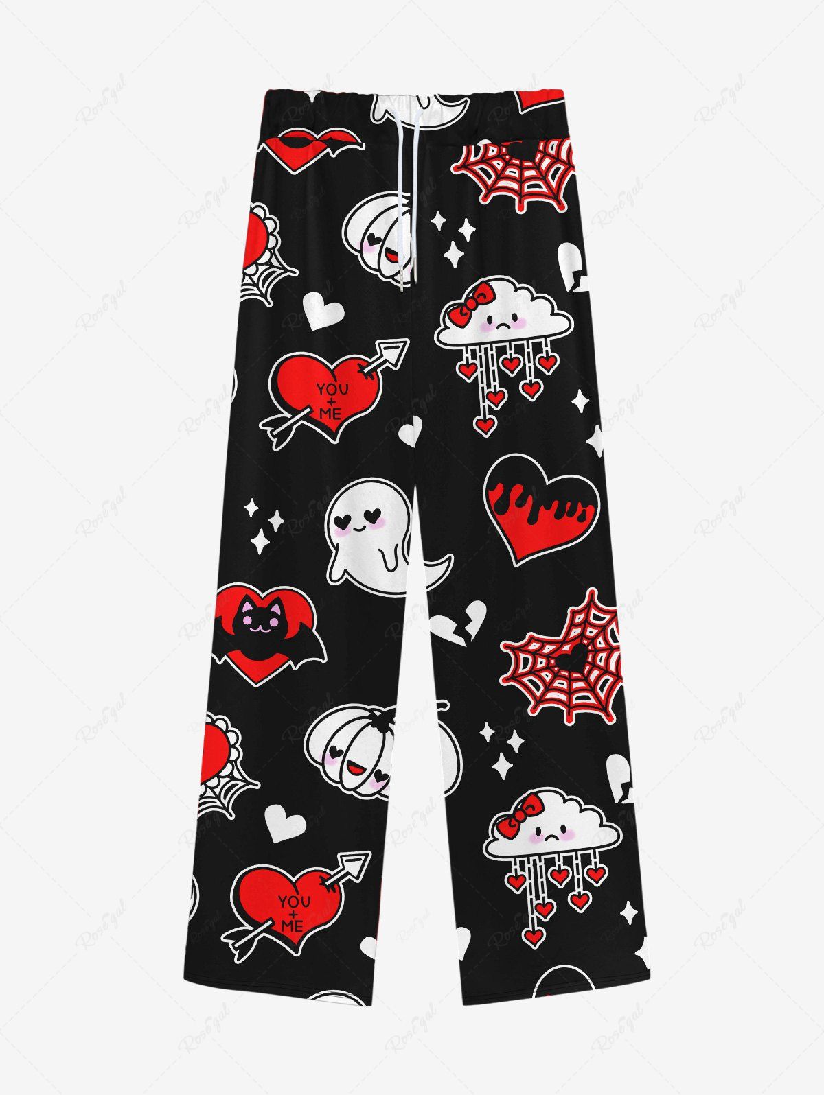 Trendy Gothic Valentine's Day Arrow Heart Spider Web Cloud Pumpkin Print Wide Leg Drawstring Sweatpants For Men  