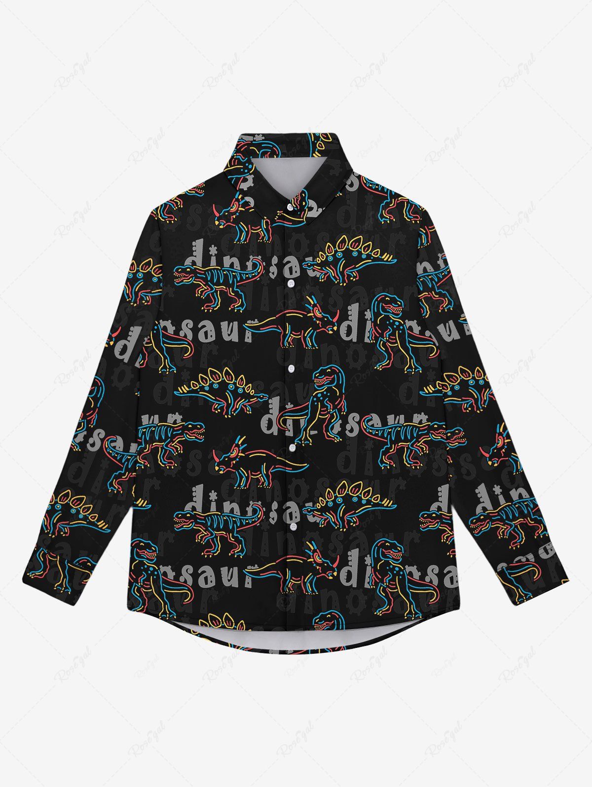Unique Gothic Dinosaur Letters Print Button Down Shirt For Men  