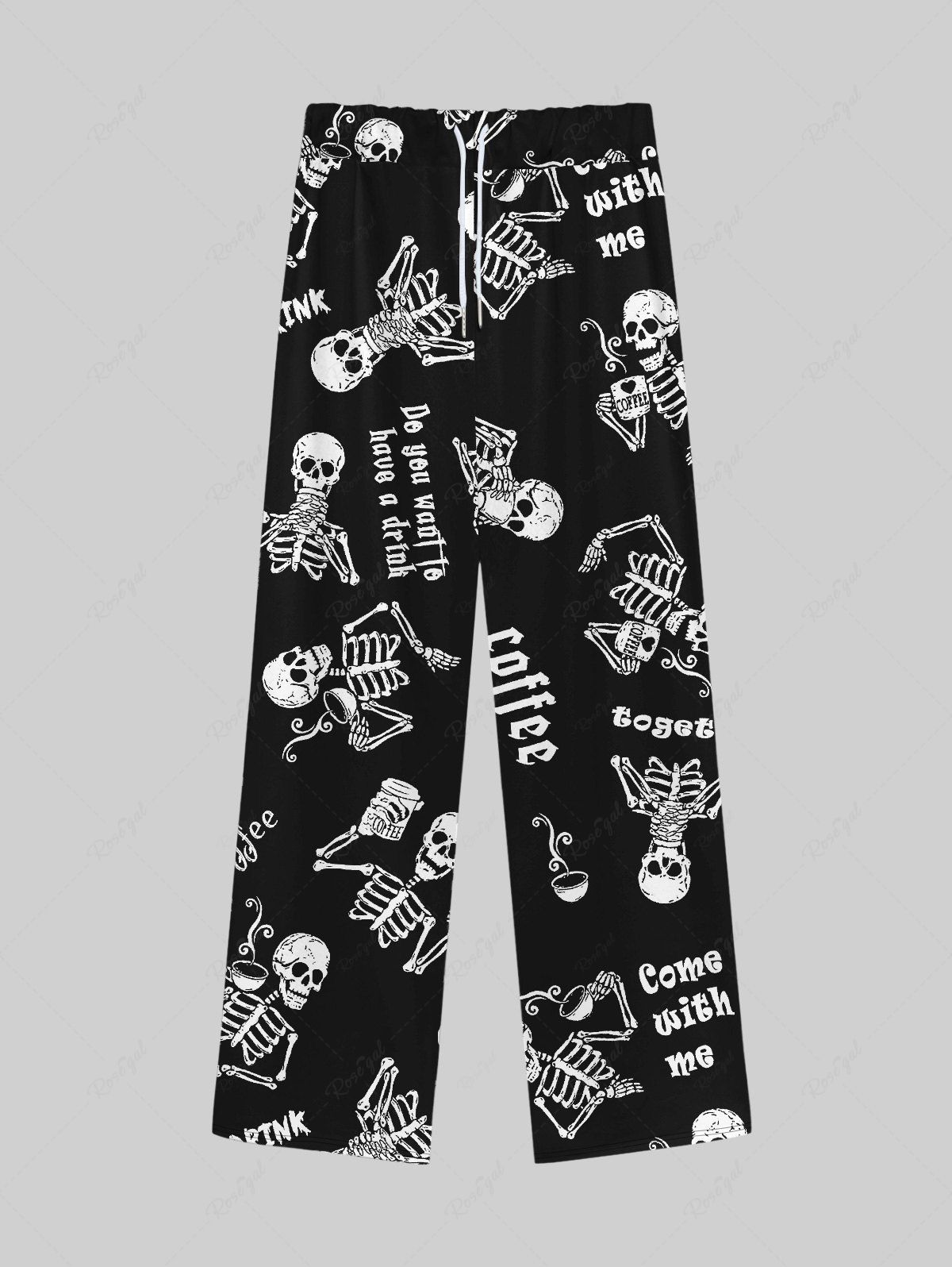 Hot Gothic Skull Skeleton Drink Print Wide Leg Drawstring Sweatpants For Men  