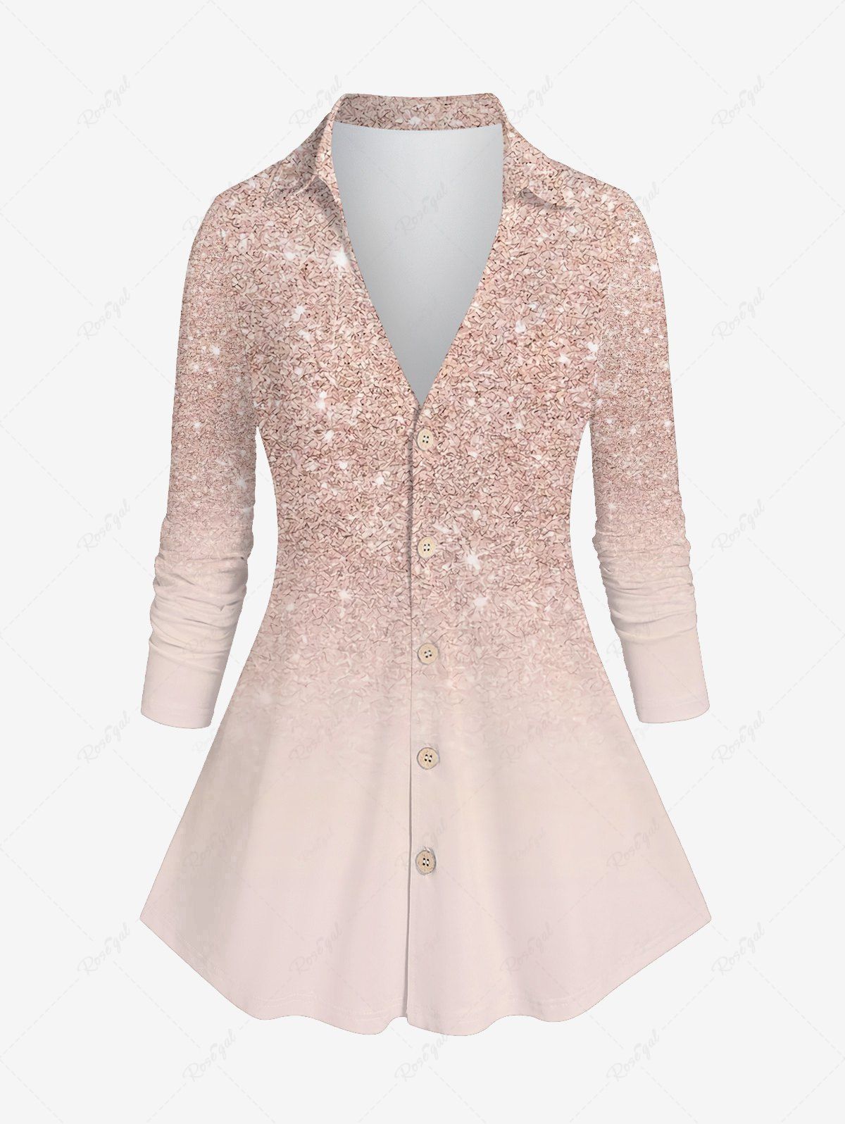 Store Plus Size Sparkling Sequin Glitter 3D Print Button Down Shirt  
