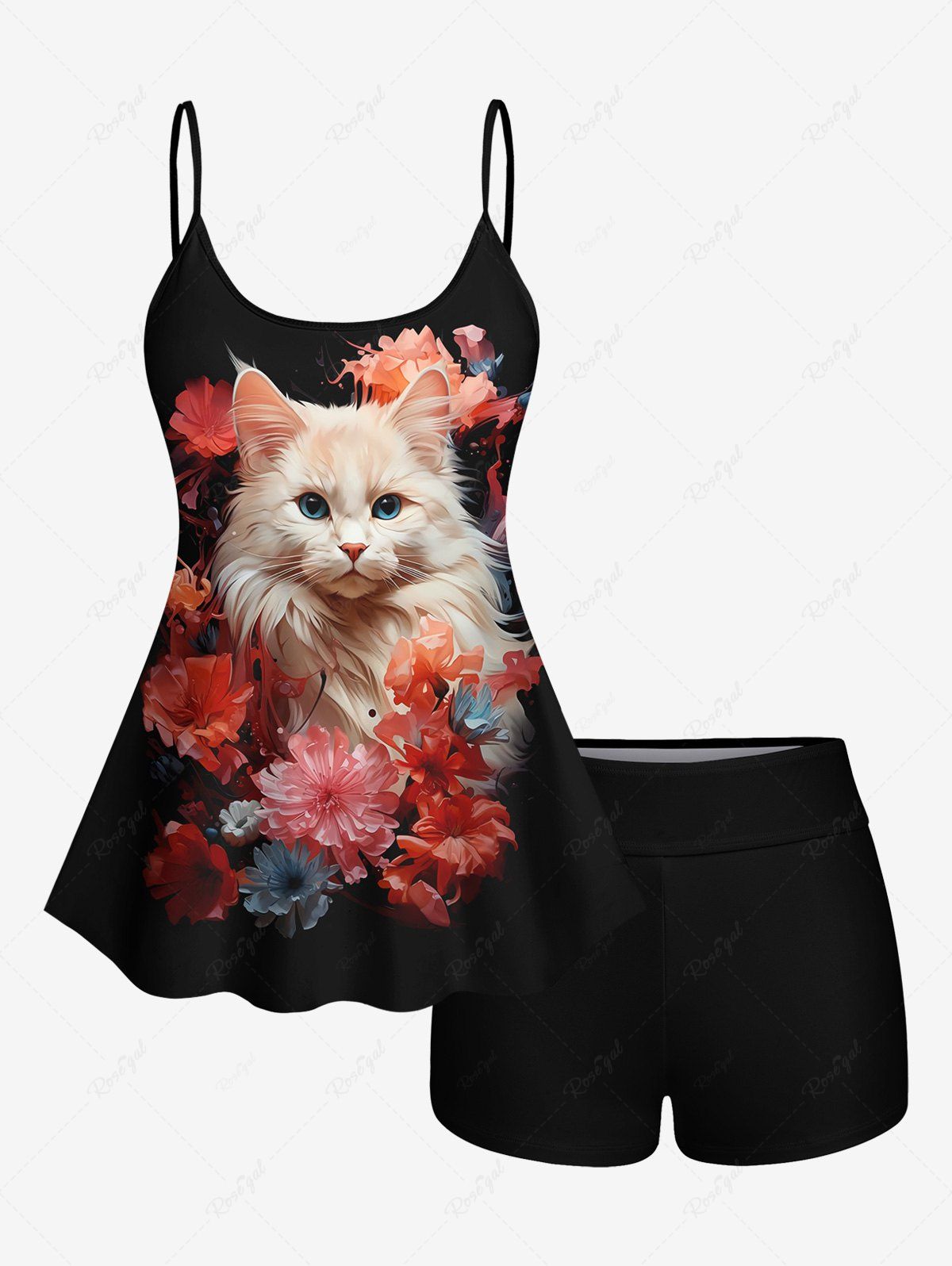 Outfits Plus Size Cat Flowers Print Boyshorts Tankini Set  