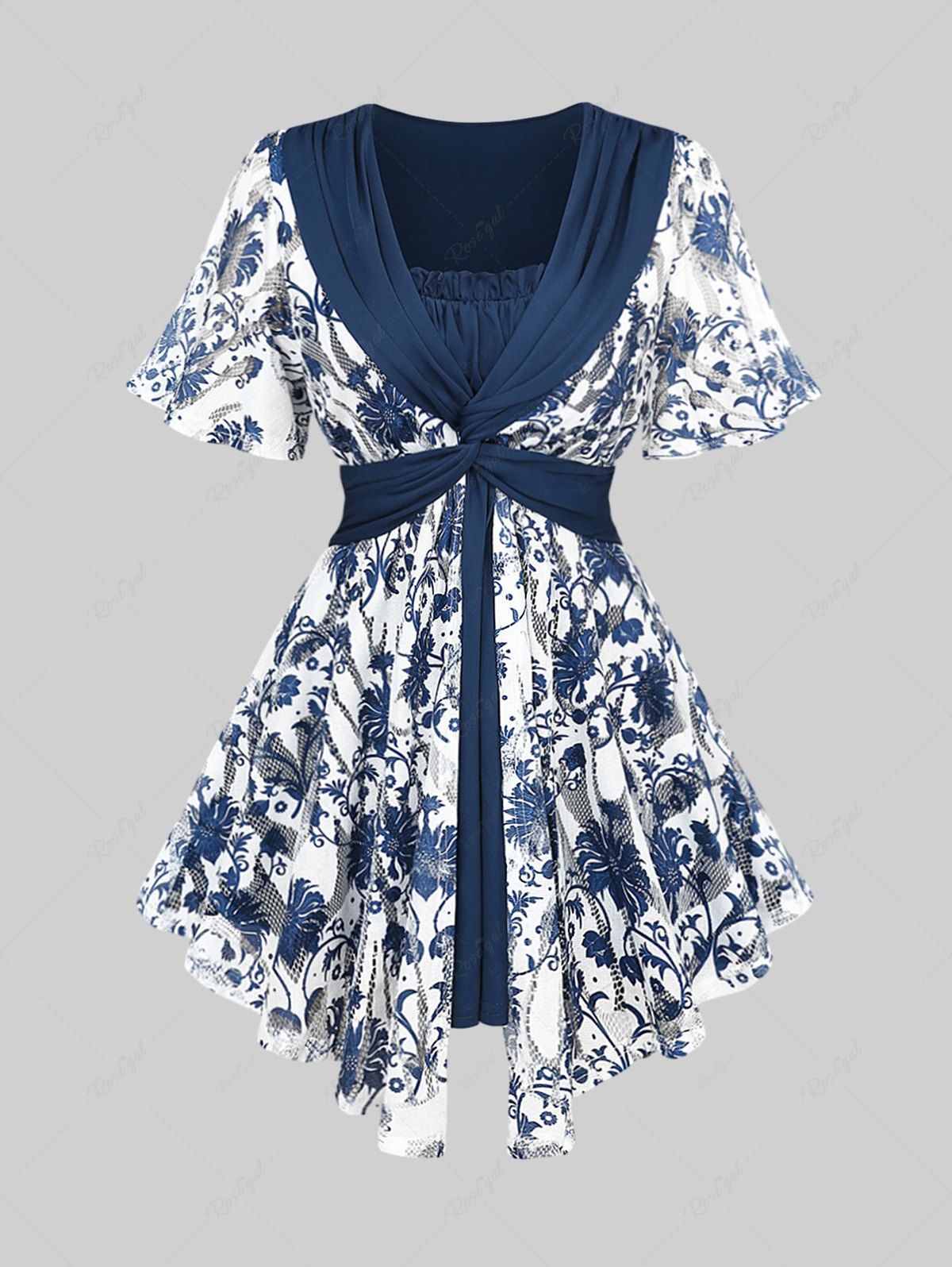 Sale Plus Size Crochet Blue And White Porcelain Floral Print Pleated Twist Ruched 2 In 1 Top  
