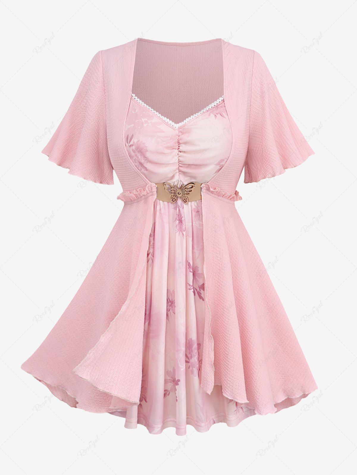 Haut Fleuri Papillon Bouclé en Dentelle à Ourlet en Maille de Grande Taille à Volants Rose clair M | US 10