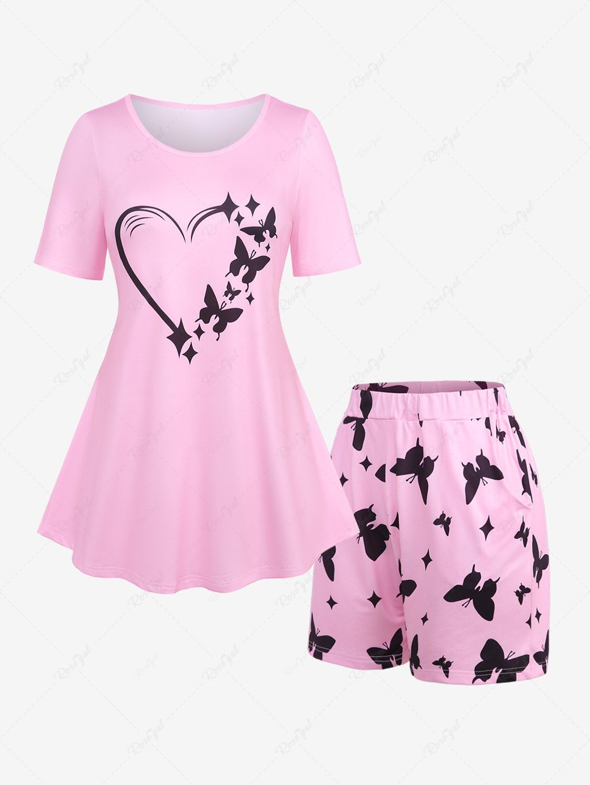 Cheap Plus Size Butterfly Heart Stars Print Shorts Pajama Set  