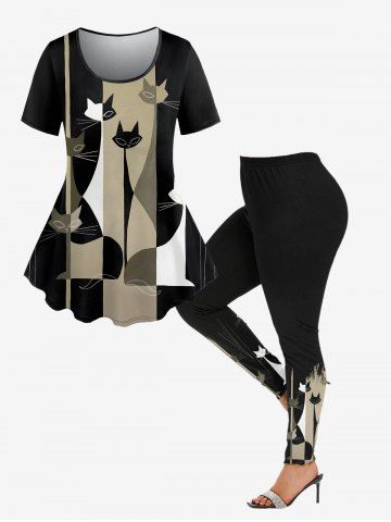 Cats Colorblock Glitter Printed T-shirt and Leggings Plus Size Matching Set - BLACK