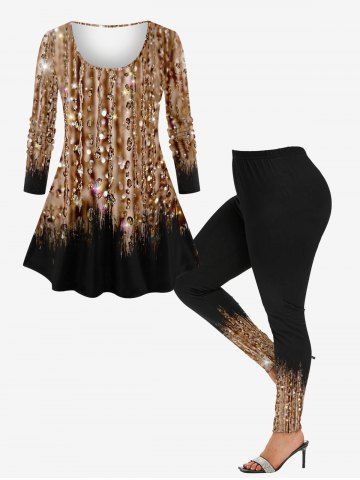 Glitter Sparkling Sequins Water Drop Printed Ombre Long Sleeves T-shirt and Leggings Plus Size Matching Set - COFFEE