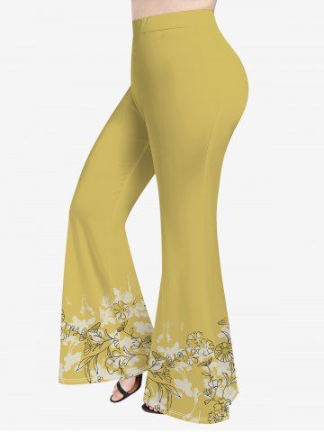 Plus Size Floral Leaf Colorblock Print Pull On Flare Pants - DEEP YELLOW - S