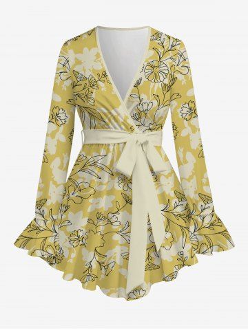 Plus Size Poet Sleeves Floral Leaf Print Shirt with Tied Belt - DEEP YELLOW - XS