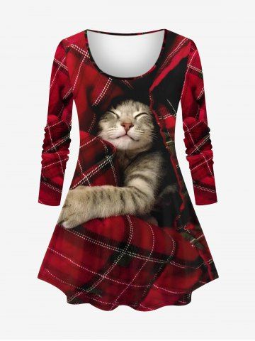 Plus Size Cat Plaid Quilt 3D Print Long Sleeve T-shirt - DEEP RED - 2X