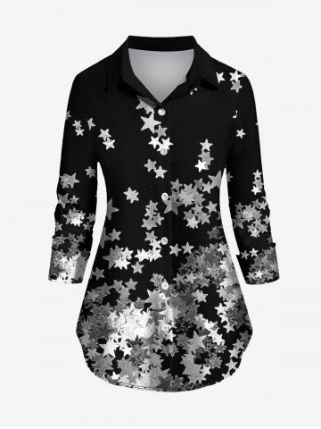 Plus Size Turn-down Collar Ombre Sequins Pentagram Printed Curved Hem Buttons Shirt - BLACK - XS
