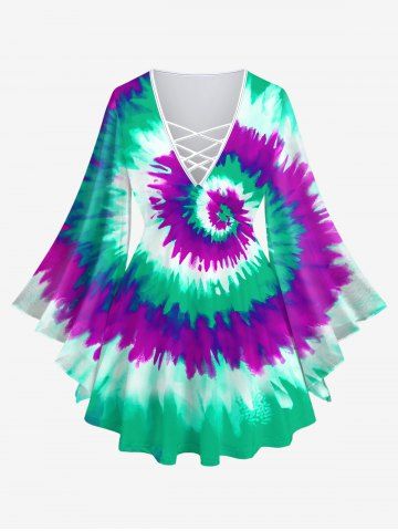 Plus Size Colorblock Spiral Tie Dye Print Lattice Crisscross Flare Sleeve Top - GREEN - S