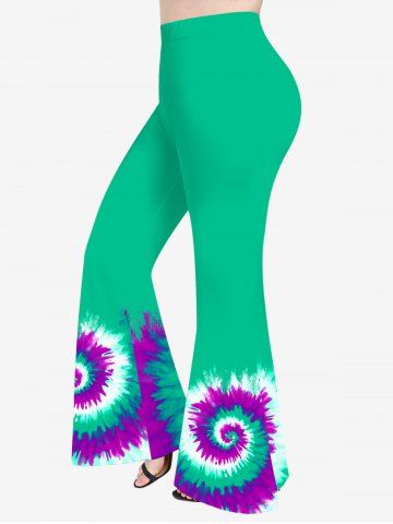 Plus Size Colorblock Spiral Tie Dye Print Flare Pants - GREEN - L