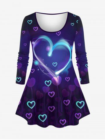 Plus Size Valentine's Day Heart Glitter 3D Print Long Sleeve T-shirt - CONCORD - XS