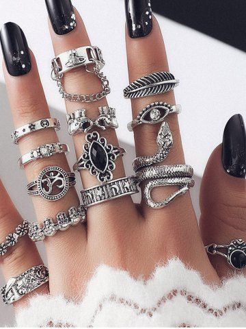 14Pcs Vintage Moon Stars Feather Floral Snake Skulls Eye Hollow Out Rings Set - SILVER