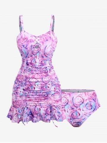 Plus Size Rose Flower Glitter 3D Print Lace Up Cinched Ruched Ruffles Tankini Set - PURPLE - L | US 12
